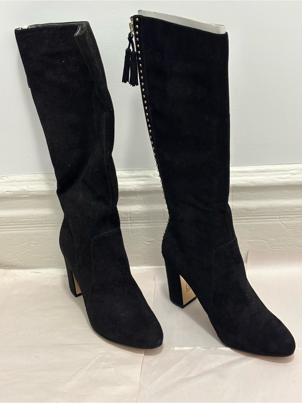 Anne Klein Black Suede Knee-High Block Heel Boots with Tassel